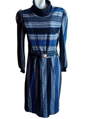 True Vintage New Wave Dress sz 13-14 1980's P.V. Rich Striped Knit Belted USA